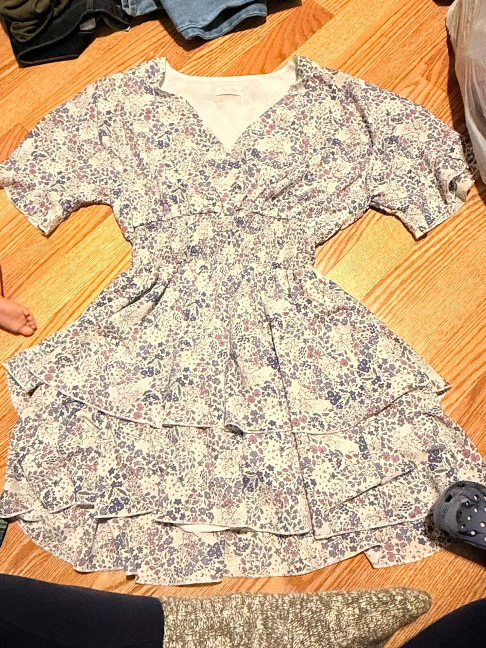 Pink Lily Cream Mini Dress with Blue & Purple Floral